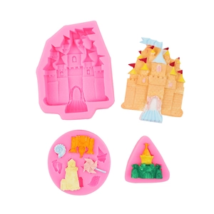 Detailed pink silicone castle and windmill fondant mold for DIY cake decoration