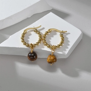 Boucles d'oreilles vintage français en or 14K et titane avec pierre œil de tigre