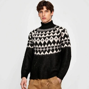 Men's slim turtleneck knit sweater with black and white diamond pattern design