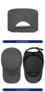 Detail of dark grey army cap showing adjustable metal strap and interior sweatband