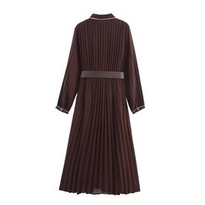 Deep brown pleated midi dress with waist belt and white contrast piping accents