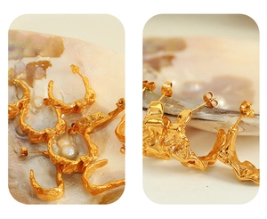 Close-up of gold stainless steel lava texture earrings with secure butterfly backs