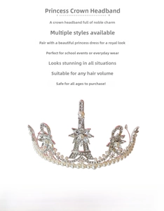 Detail view of silver crystal crown headband with pearls and Eiffel Tower motif