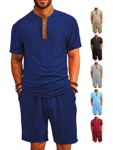 Detail of waffle knit fabric and button neckline on men's summer Henley shirt set