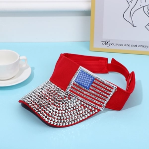 Red rhinestone sun visor with American flag patch and adjustable strap for women