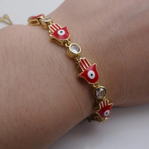 Hamsa Hand Evil Eye adjustable gold chain bracelet with red enamel and zircons