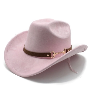 Close-up of pink felt cowboy hat with brown leather strap and golden horsebit buckle
