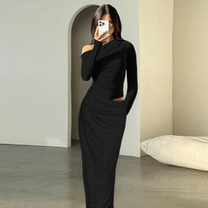 Elegant black long sleeve slim-fit dress with off-shoulder cutout and ruched detailing