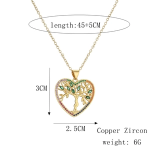 Detailed size specifications for heart tree of life necklace with colorful zircons