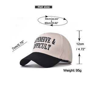 Detail view of cotton baseball cap with embroidery showing 12cm height and 7cm brim length