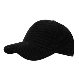 Detailed close-up of high-quality black corduroy fabric texture on a baseball cap