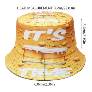 Detailed view of yellow bucket hat with beer print and precise size measurements