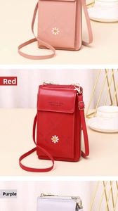 Detailed view of women's vertical crossbody phone bags in red, pink, and purple colors.