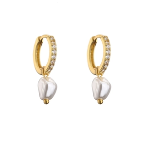 Detail of gold hoop earrings featuring micro-pave zircons and baroque pearl drops