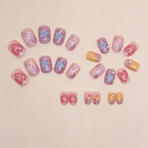 Square gradient press-on nails with butterfly, heart, and star designs for women