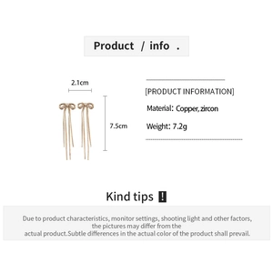 Detailed product specifications for 18K gold plated bow tassel earrings with zircon