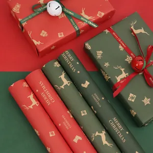 Christmas Gift Wrapping Paper Kraft Paper Reindeer Bell Patterns Holiday Gift Decor Vintage Xmas Style