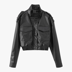 Women's black faux leather jacket with stand collar and large utility pockets