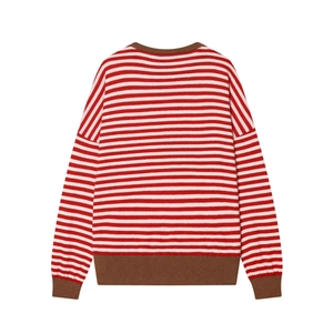 Detail view showing back of red and white striped knit sweater with dark brown ribbed cuffs