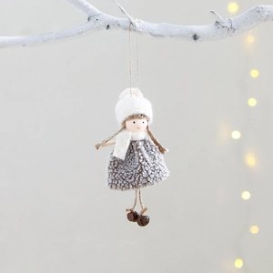 Handmade Christmas angel girl ornament with grey plush skirt and small bronze bells