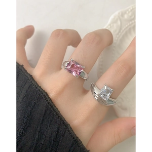 Minimalist S925 sterling silver ring set featuring rectangular pink and white cubic zirconia