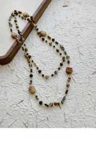 Detailed view of 14K gold-plated double-layer necklace with natural picture stone beads