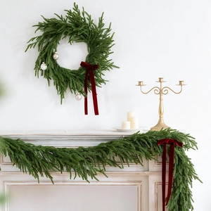 Christmas Garland Wreath Artificial Norfolk Pine Soft PE Real Touch Green Foliage Red Velvet Bow Festive Home Decor