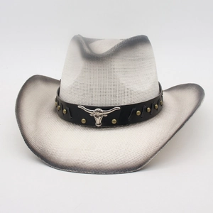 Chapeau De Cow-Boy En Paille Vintage Bord Large Tissé Avec Bande En Cuir Tête De Taureau En Métal Rivets