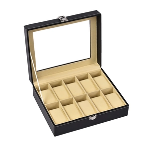 Black 10-slot leather watch organizer box with glass lid and beige velvet lining