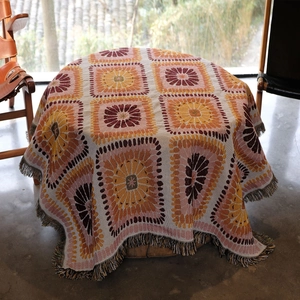 Bohemian crochet picnic blanket with vintage sunflower pattern and elegant tassels