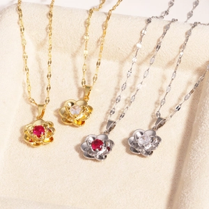 Vintage Rose Flower Pendant Necklace Brass 18K Gold Plated Zircon Gemstone Sweet Jewelry Gift For Women