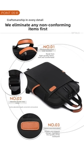 Detail view of water-resistant black nylon backpack with orange leather accents and straps