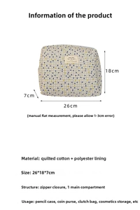 Dimensioni dettagliate della borsa trapuntata in cotone lavanda a fiori, misura 26x18x7cm