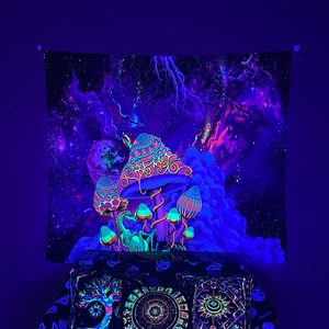 Macro shot of fluorescent mushroom tapestry glowing under ultraviolet black light