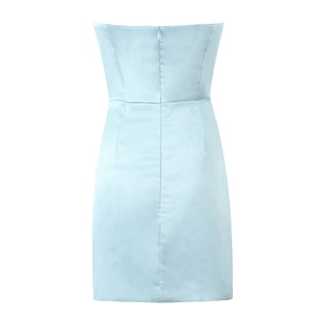 Detail view of light blue satin mini dress showing back zipper and smooth texture