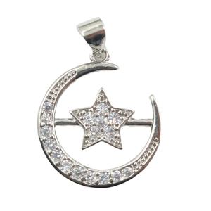 Star and moon crescent astronaut pendant necklace in silver metal with zircon stones