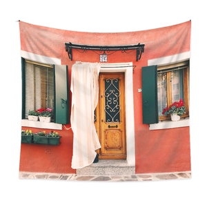 Detailed fabric texture of Mediterranean wall tapestry with vintage red door and number 51
