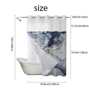 Size chart showing 71x74 inch dimensions for marble shower curtain with mesh window