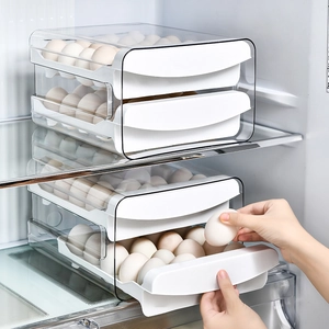 Double-layer stackable transparent egg storage box with drawer design for refrigerator