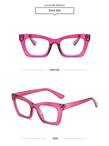 Detailed front and side views of rose red thick frame square blue light blocking glasses