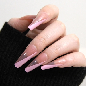 Long Coffin Press On Nails Diagonal French Tip Pink Nude Plastic Ballerina Shape False Nails Fashion For Women