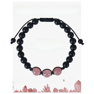 Handmade beaded bracelet with black matte obsidian and three pink strawberry quartz stones