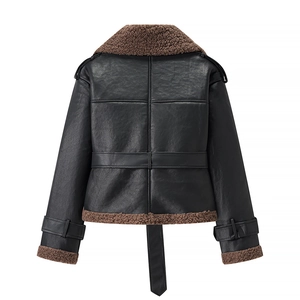 Back view of black faux leather jacket featuring brown shearling trim and waist belt