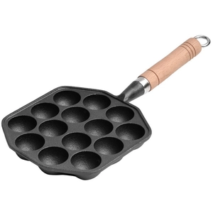 Padella per takoyaki in ghisa a 14 fori con manico in legno per polpette di polpo