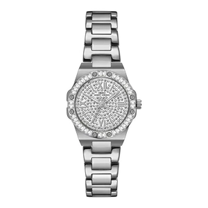 Elegant silver starry diamond dial ladies watch with Roman numerals and steel mesh strap