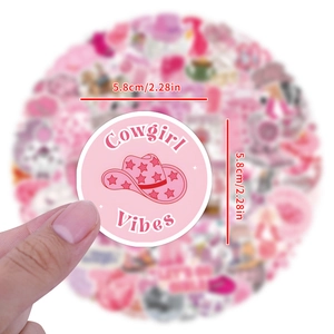 Pink Cowgirl Vibes waterproof vinyl sticker with star hat design and 5.8cm size detail