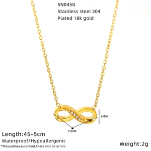 Detail view of gold infinity pendant with dimensions 15x6mm and 45+5cm chain length