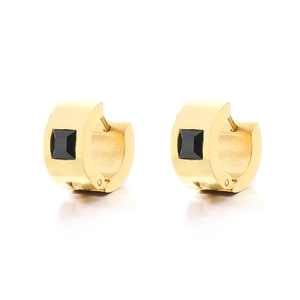Polished gold stainless steel huggie earrings with square black zircon inlay for women