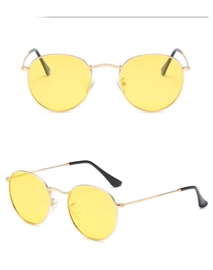 Retro round polarized sunglasses with gold metal frame and yellow lenses in three views