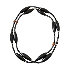 Ethnic style tiger eye and black glass beaded layered necklace with minimalist charm
